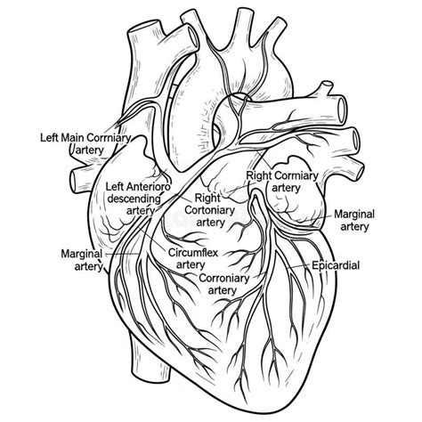 Line Drawing Of A Human Heart With Labels For Various Arteries Stock