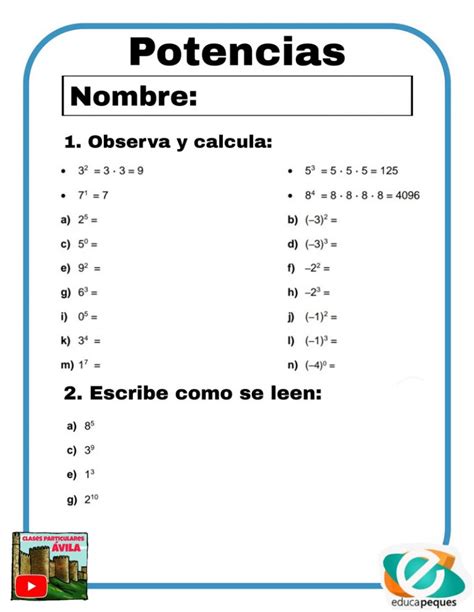 Las Potencias Reglas Y Fichas Con Ejercicios Para Repasar