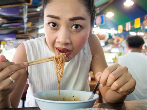 Asian Woman Eating Noodle In Thai Local Restaurant Stock Image Image