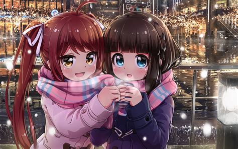 2girls Asahina Kokomi Battle Girl High School Blue Eyes Brown Hair Building City Drink Hasumi