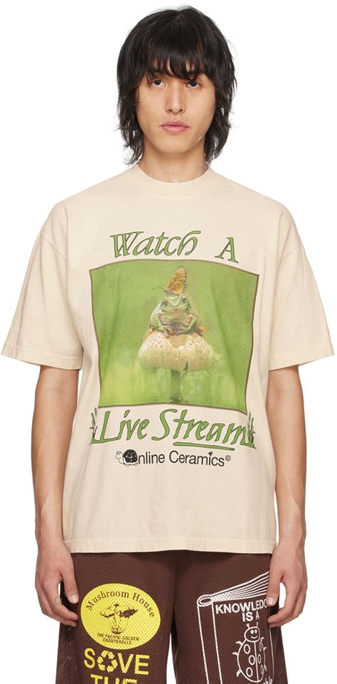 Beige 'Watch A Live Stream' T-Shirt by Online Ceramics on Sale