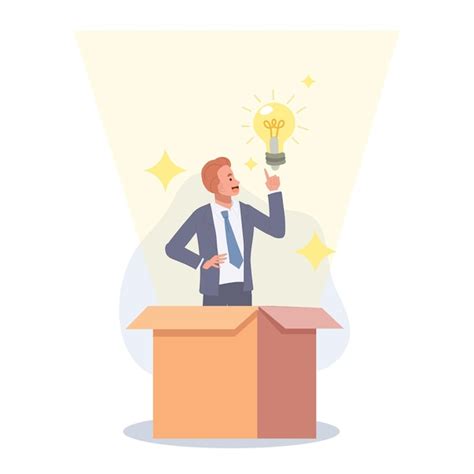 Premium Vector Businessman Get Out From Paper Box With New Lightbulb