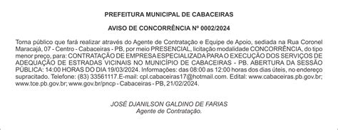 Prefeitura Municipal De Cabaceiras Aviso De Concorr Ncia N