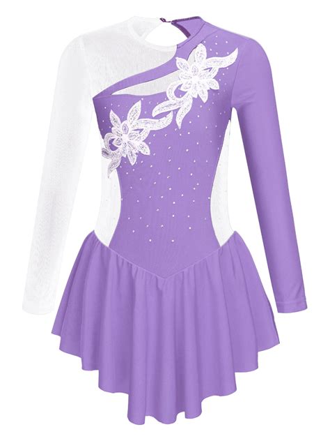 Iefiel M Dchen Eiskunstlauf Kleid Pailletten Ballettkleid Mesh Langarm