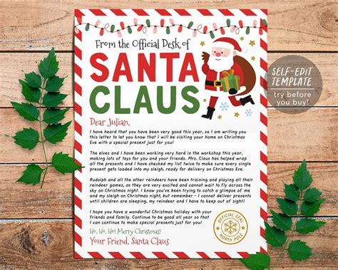 Letter From Santa Editable Template Personalized Diy Official Letter