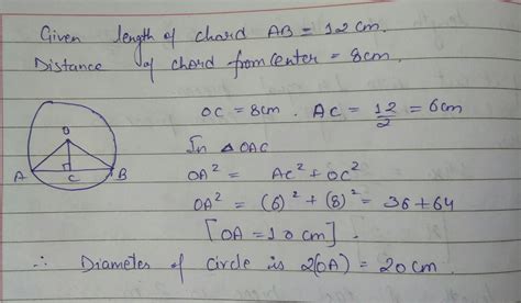 Distance Of Chord Ab From The Centre Of A Circle Is Cm Length Of The