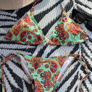 Triangle Bikini Set Boho Swimsuit Striped Bikini Set Green Triangle Bikini Boho Green Bikini