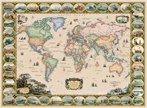 Antique World Map With Shaded Relief And Country Illustrations