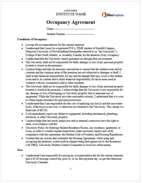 Occupancy Agreement Templates Office Templates