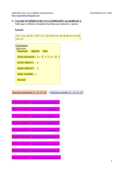 Valor Num Rico De Una Expresi N Algebraica Pdf Descarga Gratuita