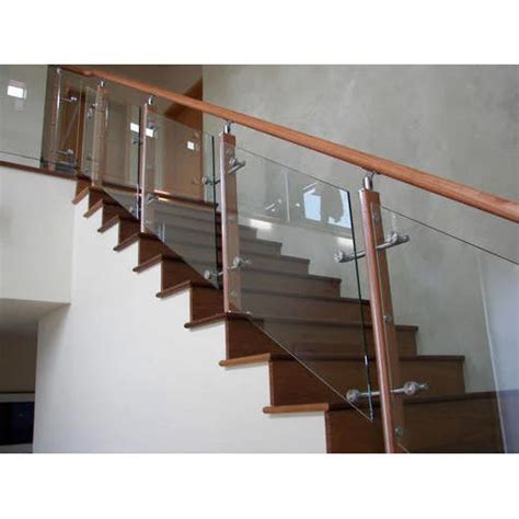 Stainless Steel Brown Wooden Finish Glass Stair Railing For Home At