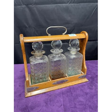 Vintage Oak Cased Tantalus Three Decanters With Key