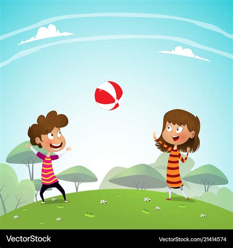 Two Children Playing With A Ball In Park Vector Image