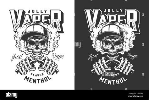 Vintage Monochrome Vaping Label With Skull In Baseball Cap And Skeleton