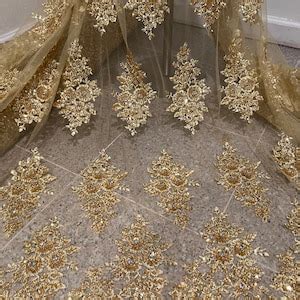 Gold Heavy Beaded Sequins Rhinestones Embroidery Bridal Lace Fabric