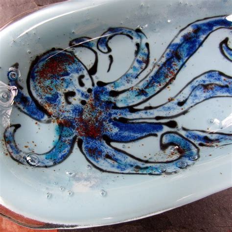 Fused Glass Octopus Dish Blue Oval Shallow Bowl