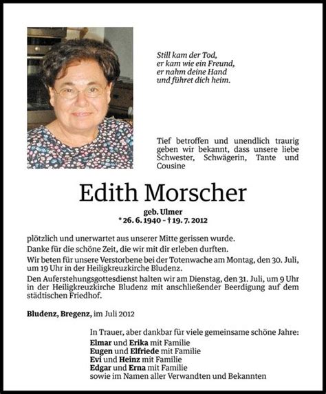 Todesanzeigen Von Edith Morscher Todesanzeigen Vorarlberger Nachrichten