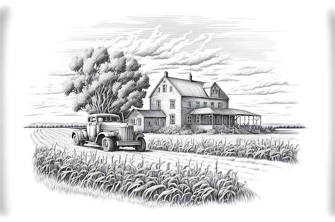 Premium Photo Hand Drawn Field Landscape Corn Farm Sketch Nature