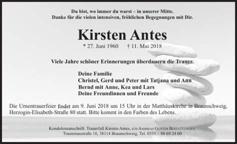 Traueranzeigen Von Kirsten Antes Sh Z Trauer