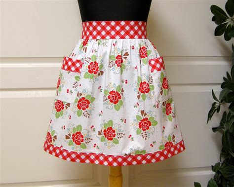 Retro Red Flowers Vintage Half Apron Flair For Cooking Cute