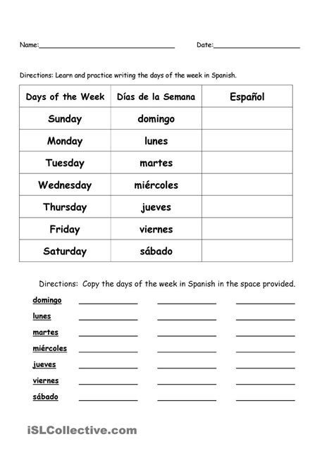 Free Printable Days Of The Week In Spanish