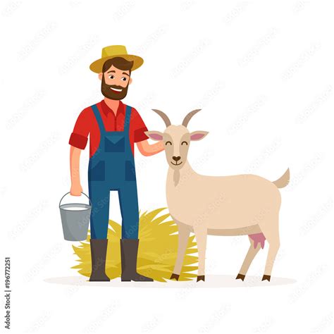 Farmer With Goat And Bucket With Goat Milk And Hay Farming Concept