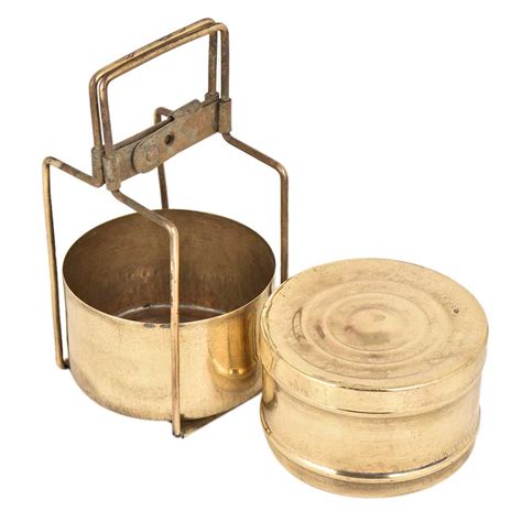 Golden Brass Tiffin Box With Two Container And Brass Strap Frame