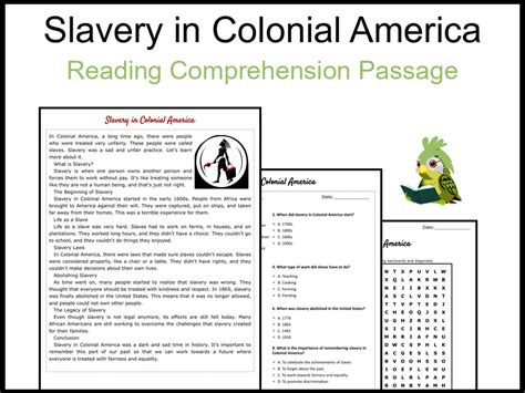 Slavery In Colonial America Reading Comprehension And Word Search