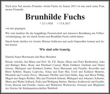 Traueranzeigen Von Brunhilde Fuchs Wirtrauern