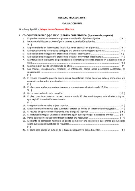 Examen Final Procesal Civil Derecho Procesal Civil I Evaluacion