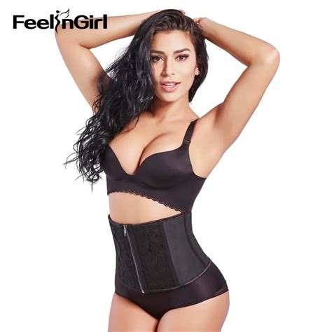 Feelingirl Steel Boned Floral Lace Latex Waist Trainer Plus Size