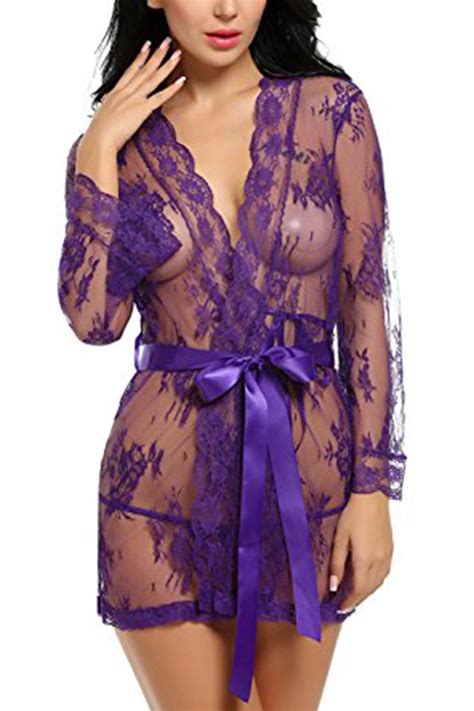 Unomatch Women Sheer Gown Long Sleeves Lingerie Purple