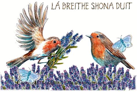 HAPPY BIRTHDAY Irish Gaelic Gaeilge Na Heireann Greeting Card Robins and Lavender Can Be ...