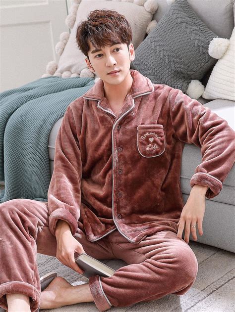 Men Heart Letter Embroidered Pajama Set Shein Sheinside Men