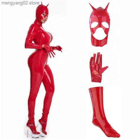 Sexy Wetlook Latex Catsuit With Mask Pvc Faux Leather Red Latex