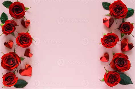 Red Roses And Leaves With Love Shape Paper Fold Put In Pink Background