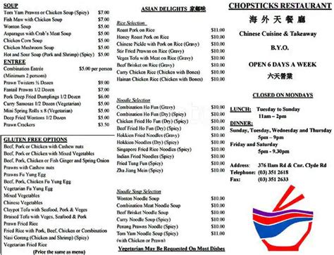 Menu at Chopsticks restaurant, Christchurch