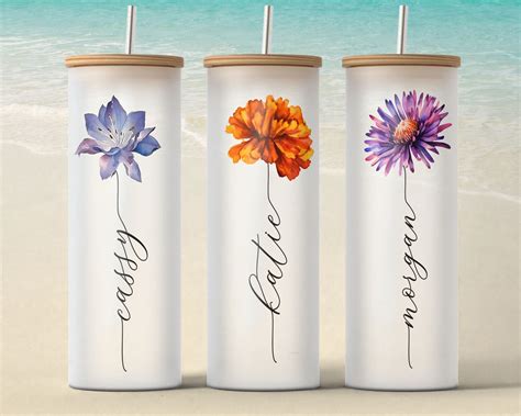 Birth Flower Tumbler Bridesmaid Proposal T Frosted Glass Tumbler Personalized Iced Coffee