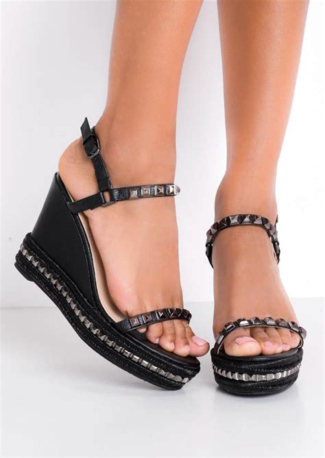 Studded Espadrilles Heeled Platform Braided Wedge Sandals Patent Black