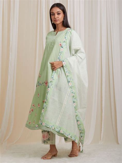 Buy Sage Green Printed Cotton Kurta With Chanderi Dupatta Set Of 2