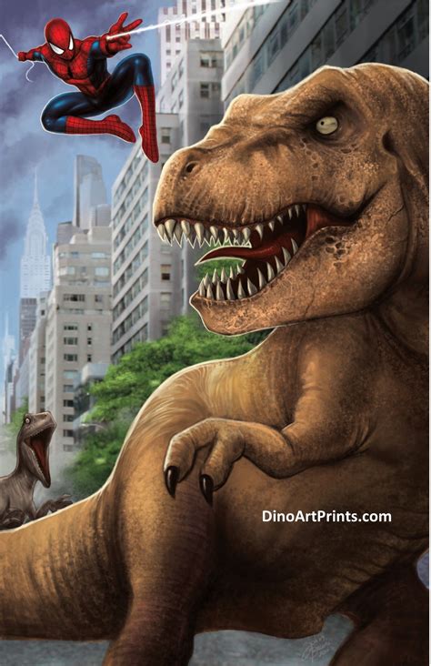 Spider Man Vs T Rex 11 X 17 Museum Quality 100 Lb Gloss Art Print