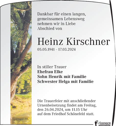 Traueranzeigen Von Heinz Kirschner Trauer Anzeigen De