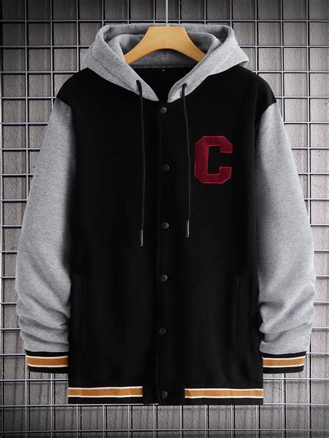 Men Letter Embroidery Colorblock Drawstring Hooded Jacket Stylish