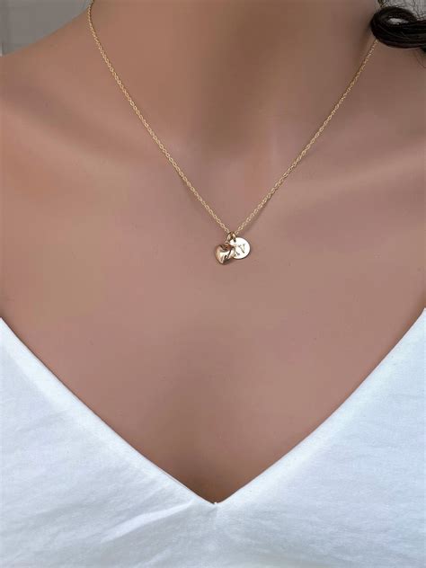 14k Solid Gold Initial Disc Necklace 9 Mm Initial Coin And Medium Heart