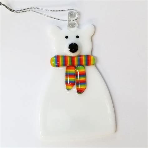 Glassworks Northwest Polar Bear With A Rainbow Scarf Fused Glass