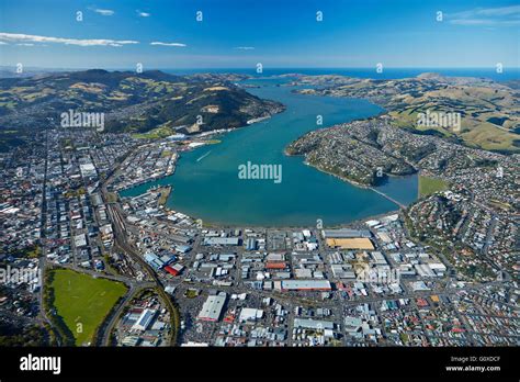 Dunedin and Otago Harbour, Otago, South Island, New Zealand - aerial ...