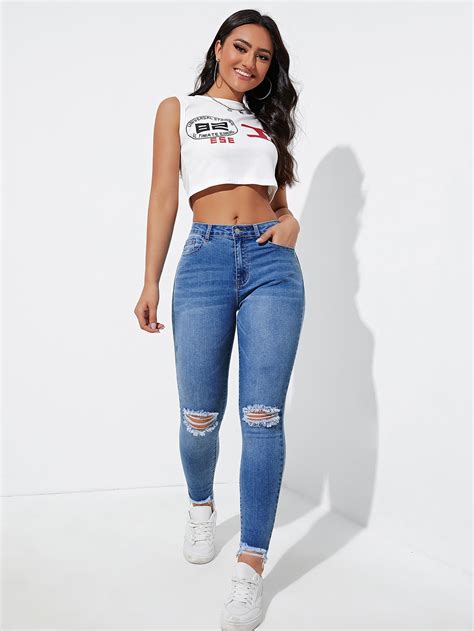 SHEIN Essnce Ripped Raw Cut Skinny Jeans SHEIN UK