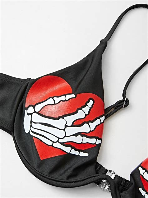 Emmiol Kostenloser Versand 2023 Totenkopf Herz Bügel Bikini Set Schwarz