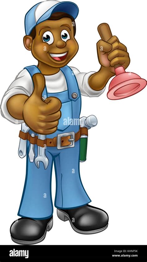 Cartoon Black Plumber Handyman Holding Punger Stock Vector Image & Art ...