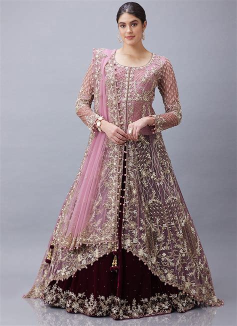 Shop Wine Velvet Hand Work Lehenga N Onion Pink Net Long Choli With